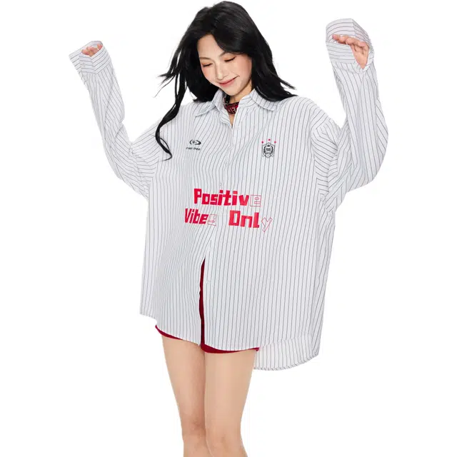 玫丝朵 美式高街条纹字母印花长袖衬衫 女款 白色
