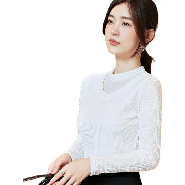 欧迪芬 蕾丝打底衫内搭春秋时尚洋气小衫针织网纱长袖衬衫 女款
