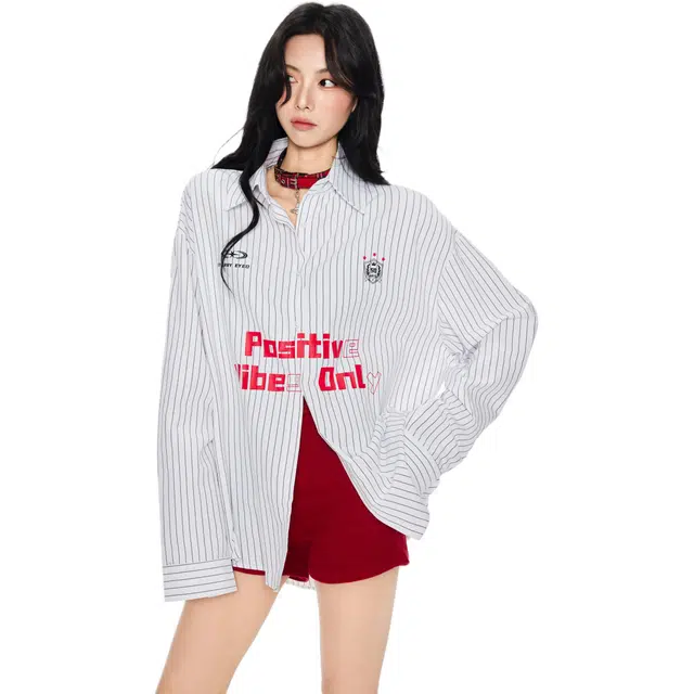玫丝朵 美式高街条纹字母印花长袖衬衫 女款 白色
