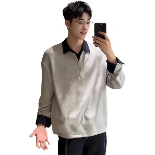 单爵 假两件衬衫领上衣男秋季美式复古翻领长袖卫衣 男女同款