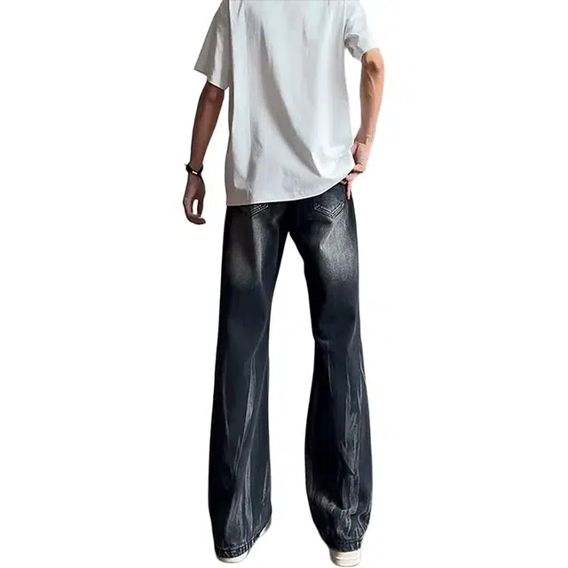 单爵 水洗扎染微喇裤男秋季美式高街提裆弯刀裤子牛仔裤 男女同款