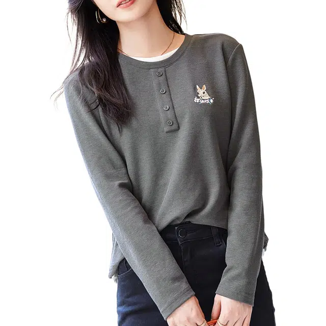 【dme】 胸前卡通动漫图案假两件长袖针织衫 女款 深灰