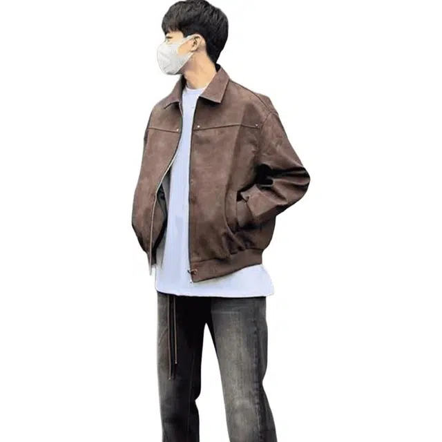 单爵 美式复古翻领铆钉皮衣男春秋美拉德潮牌宽松夹克 男女同款