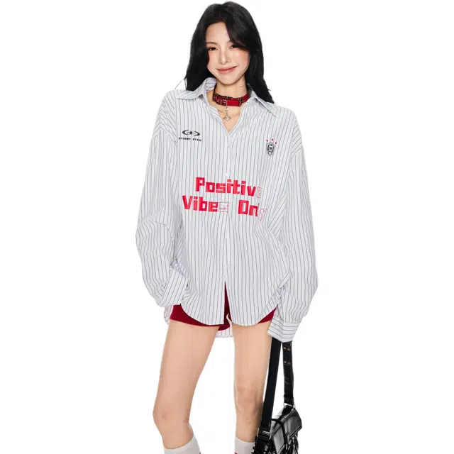 玫丝朵 美式高街条纹字母印花长袖衬衫 女款 白色