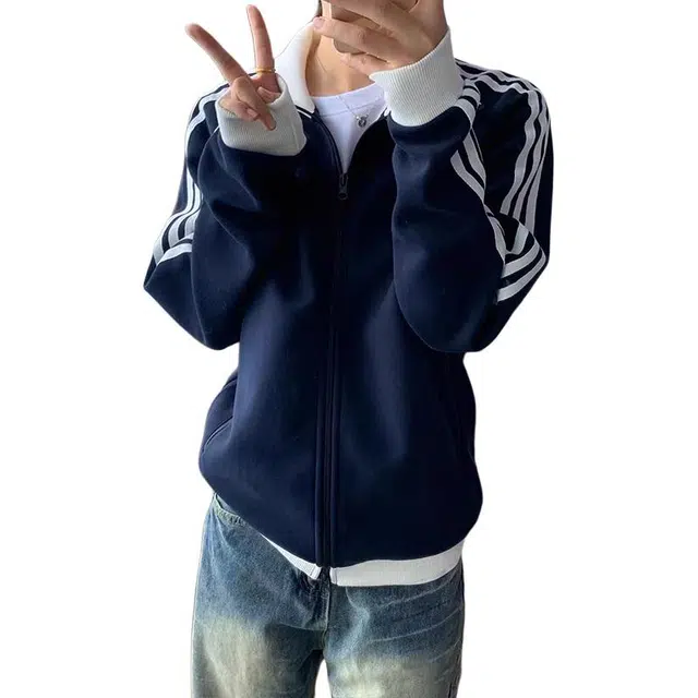 单爵 韩系三条杠短款外套男秋季立领条纹开衫美式休闲卫衣 男女同款