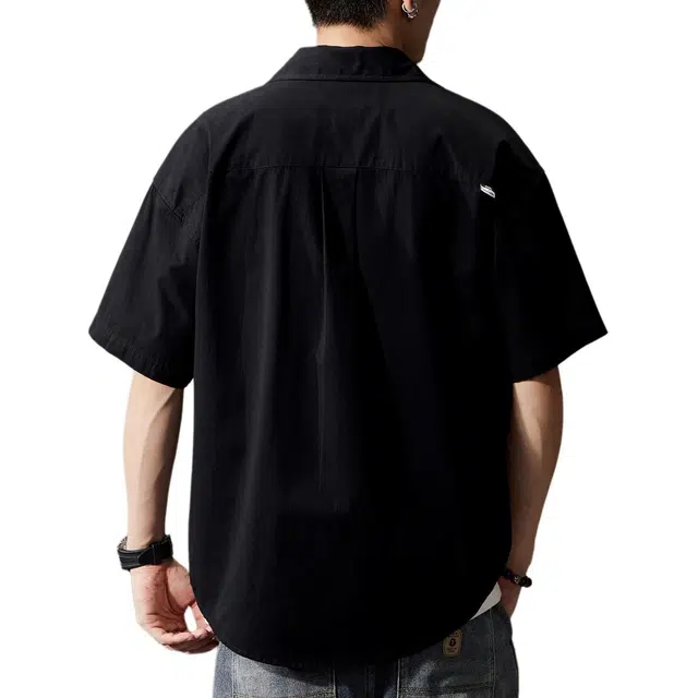贵色 户外百搭翻领山系叠穿休闲痞帅美式重磅高街复古多口袋潮牌工装宽松型纯色短袖衬衫 男女同款
