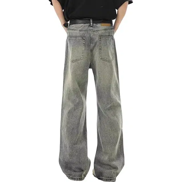 单爵 美式高街破洞夏薄款潮牌痞帅阔腿弯刀裤子宽松直筒乞丐裤牛仔裤 男女同款