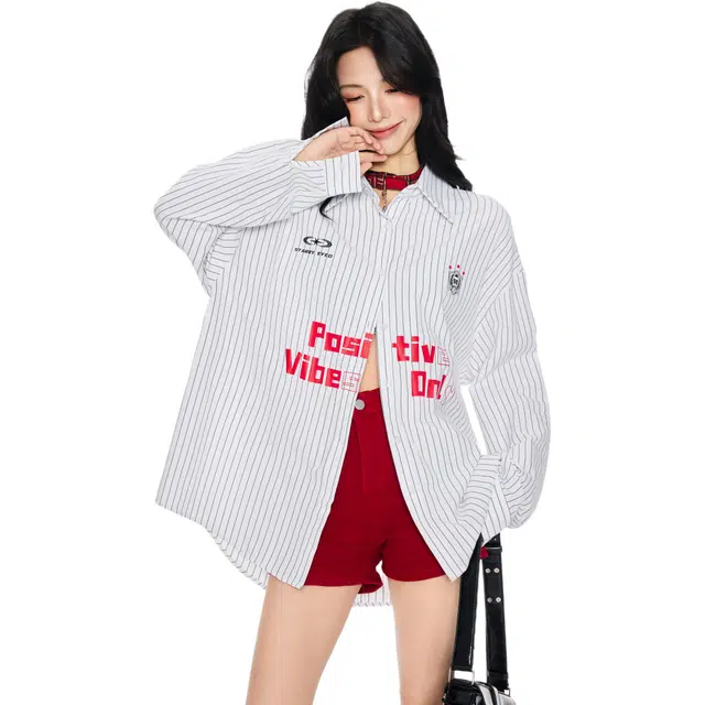 玫丝朵 美式高街条纹字母印花长袖衬衫 女款 白色