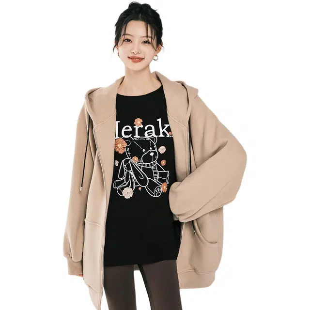 美洋 布丁熊系列 卡通动漫圆领宽松型长袖卫衣 女款 黑色