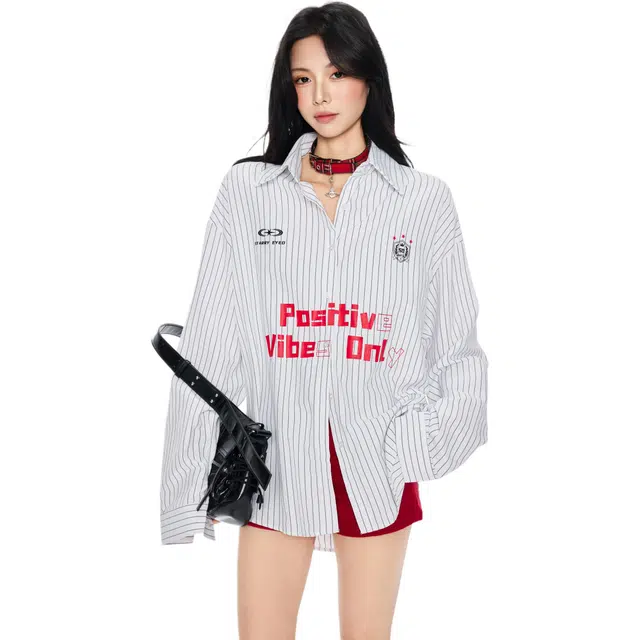 玫丝朵 美式高街条纹字母印花长袖衬衫 女款 白色