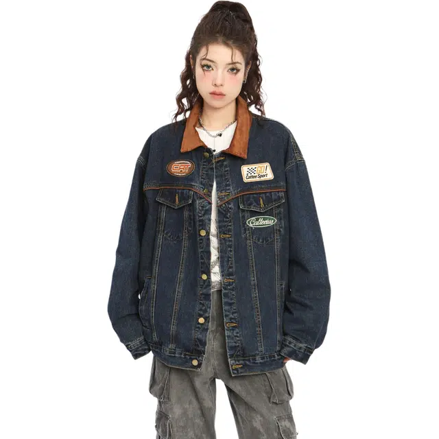 邓大喵 美式复古高街男女春秋季机车潮牌翻领宽松刺绣夹克上衣牛仔外套 男女同款