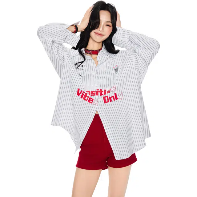 玫丝朵 美式高街条纹字母印花长袖衬衫 女款 白色