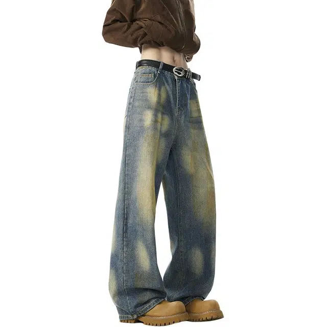 佐菲利 水洗做旧渐变复古美式高街阔腿裤潮牌宽松直筒裤子牛仔裤 男女同款