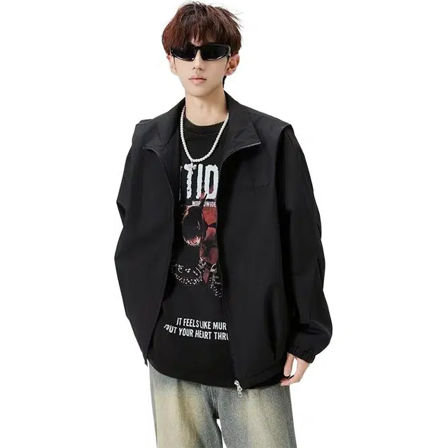 洋气先生 美式高街复古百搭简约时尚小众高级感日常休闲基础款宽松舒适防风保暖城市机能风纯色氛围感户外通勤立领夹克 男女同款