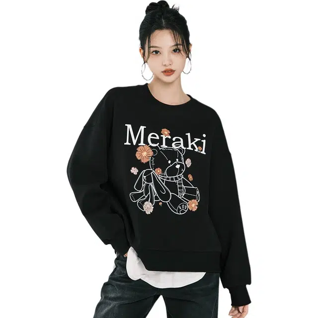 美洋 布丁熊系列 卡通动漫圆领宽松型长袖卫衣 女款 黑色