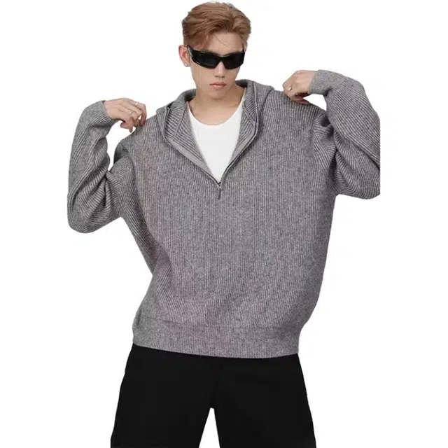 一碗士多 纯色条纹美式复古百搭小众极简痞帅高街拉链半开襟宽松舒适通勤户外日常连帽长袖针织衫 男女同款