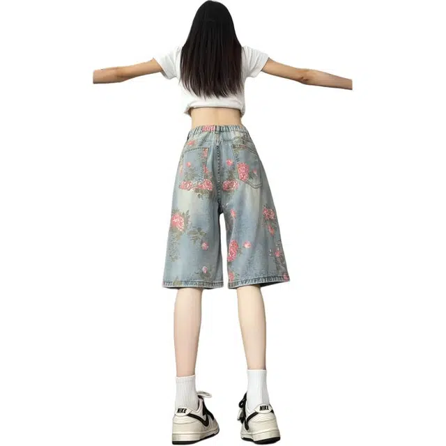 欧迪芬 夏日五分男女宽松直筒复古设计感裤子花卉满印阔腿中裤潮牛仔短裤 女款