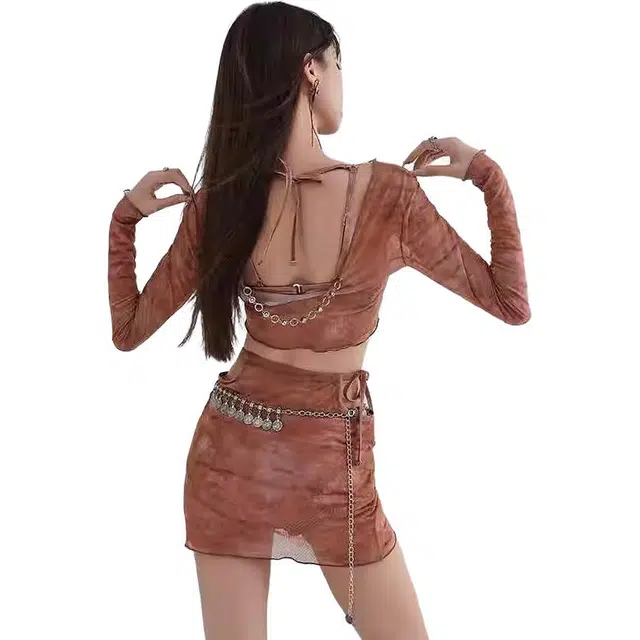 欧若珂 废土风比基尼四件套圆领扎染高级温泉拍照海边度假泳衣套装 女款