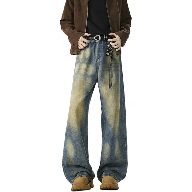 佐菲利 水洗做旧渐变复古美式高街阔腿裤潮牌宽松直筒裤子牛仔裤 男女同款