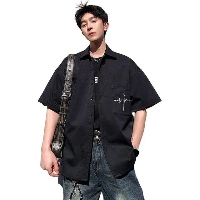 法文箱子 美式学院风减龄百搭宽松短袖衬衫 男款