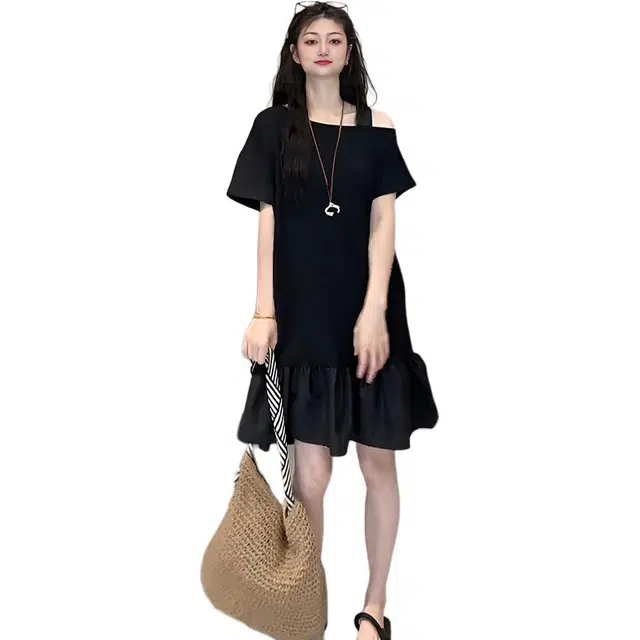 沐晓欣 法式夏季宽松显瘦设计褶皱拼接荷叶边休闲短袖连衣裙 女款