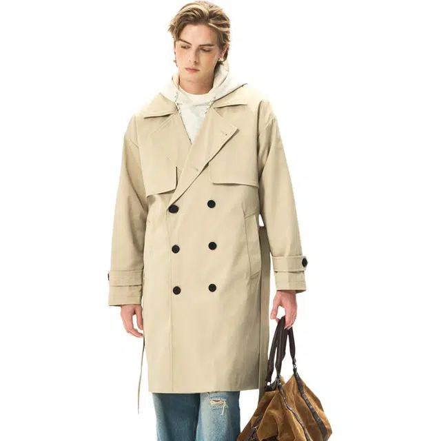 左岸 英伦复古时尚潮牌百搭纯色开衫翻领上衣休闲宽松舒适防风外套秋冬季痞帅双排扣过膝大衣中长款风衣 男款