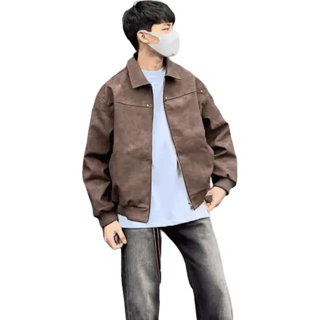 单爵 美式复古翻领铆钉皮衣男春秋美拉德潮牌宽松夹克 男女同款