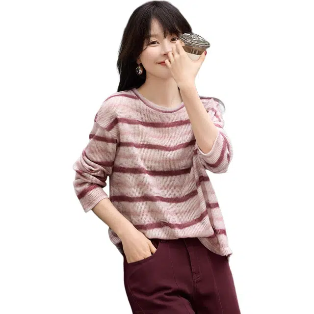 沫晗依美 撞色圆领套头宽松长袖卫衣 女款 粉色