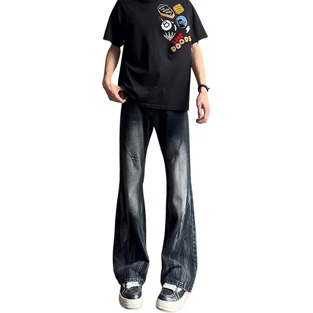 单爵 水洗扎染微喇裤男秋季美式高街提裆弯刀裤子牛仔裤 男女同款