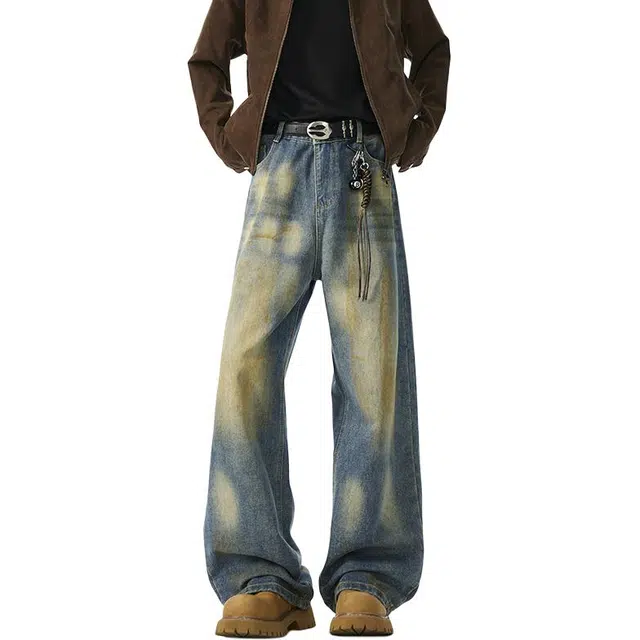 佐菲利 水洗做旧渐变复古美式高街阔腿裤潮牌宽松直筒裤子牛仔裤 男女同款