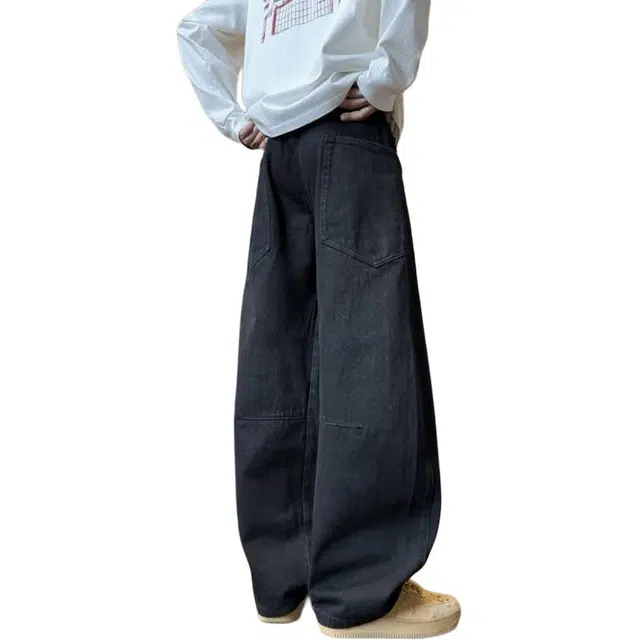 特斯型 阔腿牛仔裤男秋冬青少年潮牌痞帅美式裤子男宽松只有水洗弯刀长裤 男款