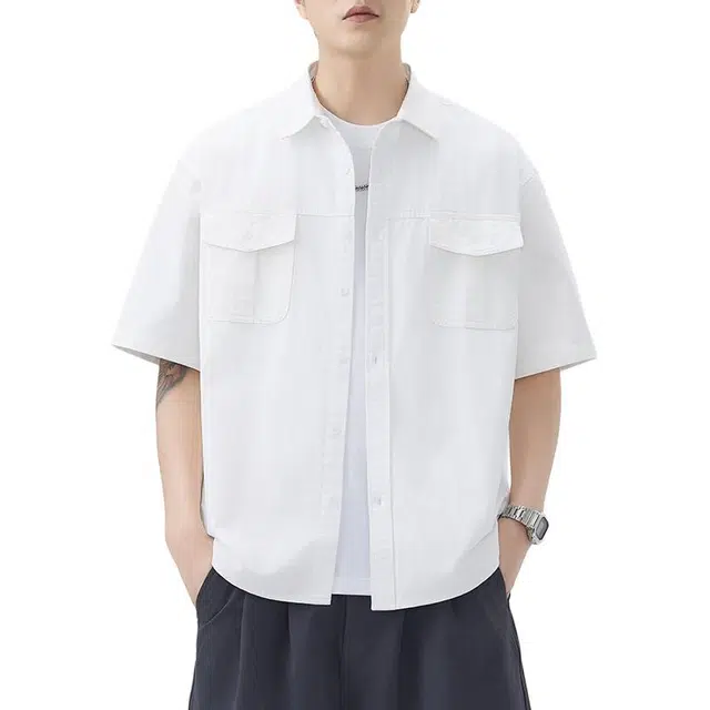 袋鼠 简约设计纯色时尚百搭舒适休闲宽松版型短袖衬衫 男女同款