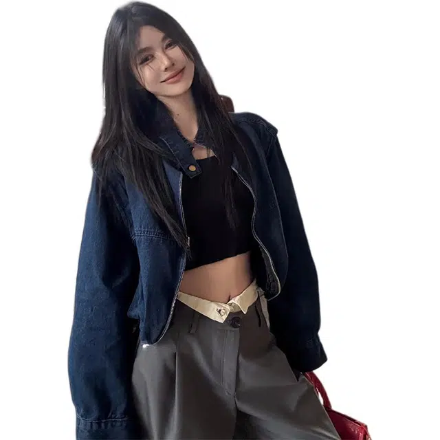 思蓓儿 立领拉链夹克短款长袖百搭韩版牛仔外套 女款 蓝色
