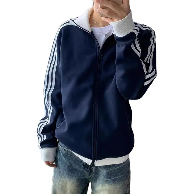 单爵 韩系三条杠短款外套男秋季立领条纹开衫美式休闲卫衣 男女同款