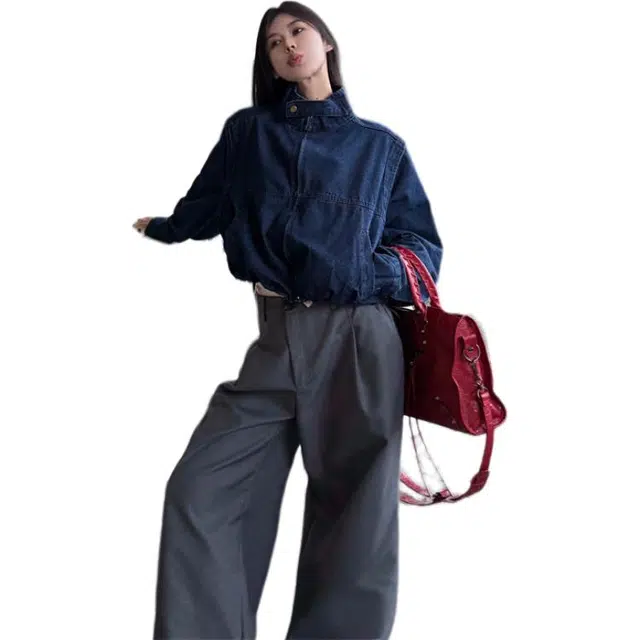 思蓓儿 立领拉链夹克短款长袖百搭韩版牛仔外套 女款 蓝色
