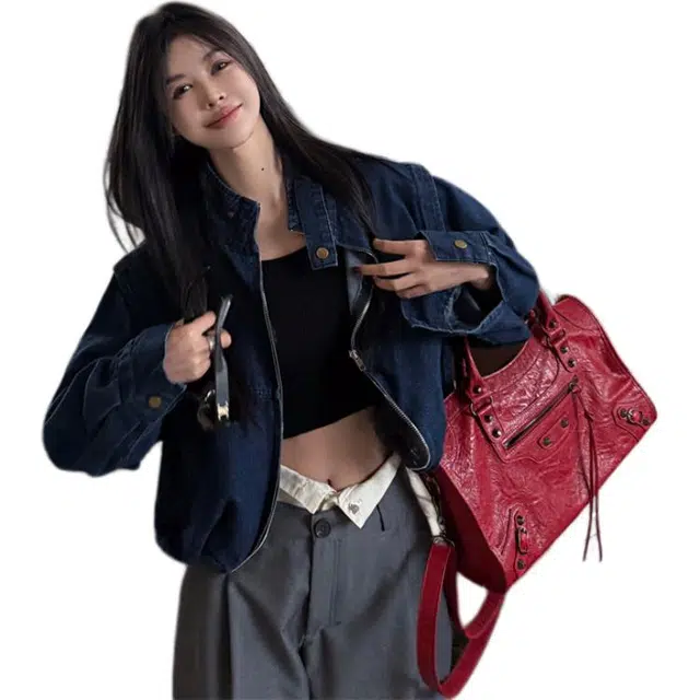 思蓓儿 立领拉链夹克短款长袖百搭韩版牛仔外套 女款 蓝色