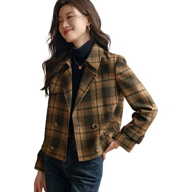 沫晗依美 复古格子时尚百搭翻领夹克外套 女款 咖绿色