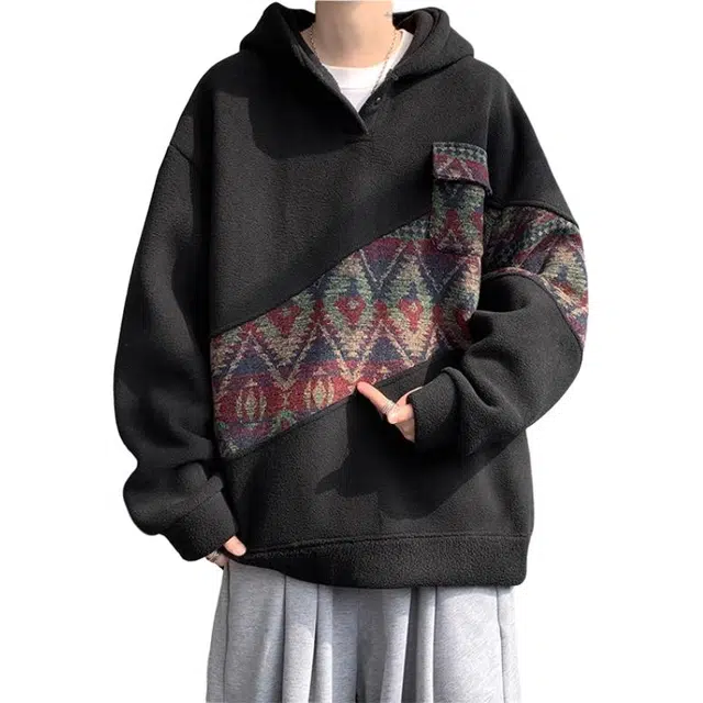 拓菲 新中式摇粒绒拼接连帽男秋冬季撞色外套大码宽松加厚保暖帽卫衣 男女同款