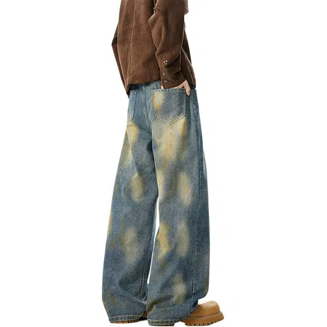 佐菲利 水洗做旧渐变复古美式高街阔腿裤潮牌宽松直筒裤子牛仔裤 男女同款