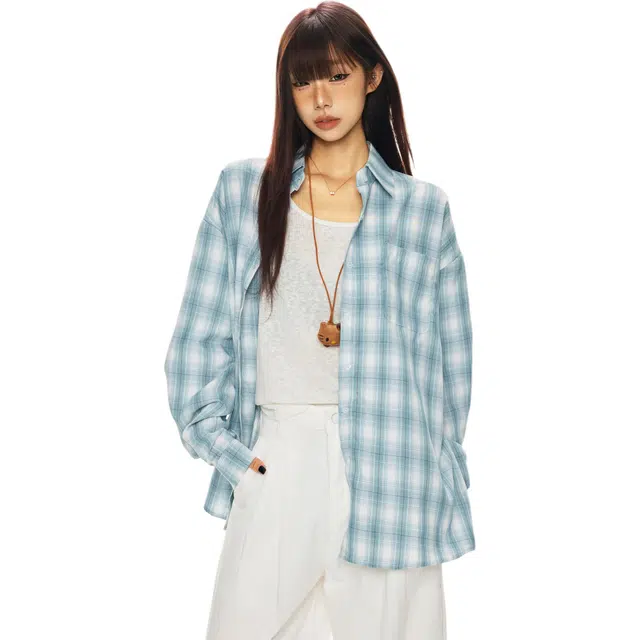 玫丝朵 格子休闲百搭韩系风格宽松舒适长袖衬衫 女款 蓝色
