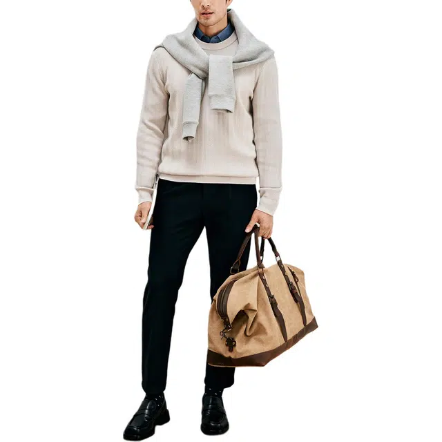 丹宁哲学 轻盈保暖提花纹理纯色常规长袖圆领直筒型套头针织衫 男款