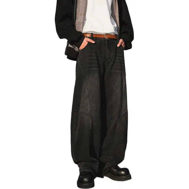 星际者 基础款二次元手绘复古通用弯刀分割直筒阔腿宽松做旧牛仔裤 男女同款