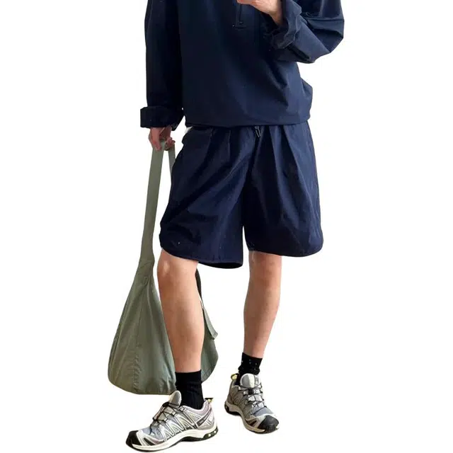 单爵 纯色美式宽松薄款速干运动系带五分休闲短裤 男女同款