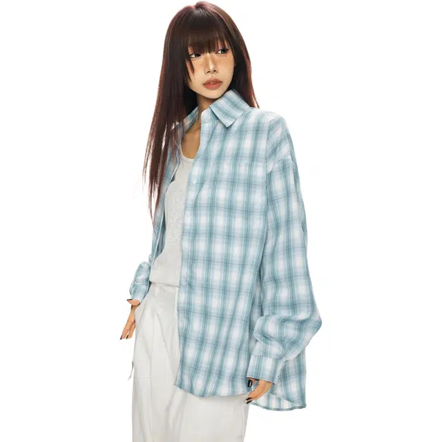 玫丝朵 格子休闲百搭韩系风格宽松舒适长袖衬衫 女款 蓝色