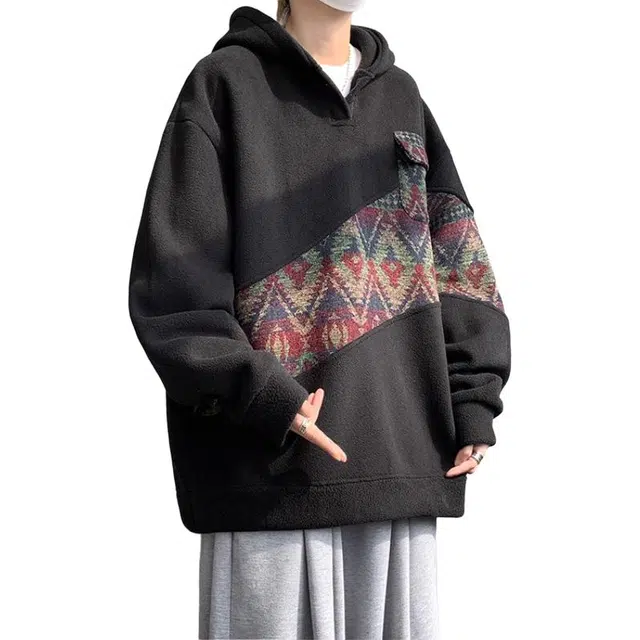 拓菲 新中式摇粒绒拼接连帽男秋冬季撞色外套大码宽松加厚保暖帽卫衣 男女同款