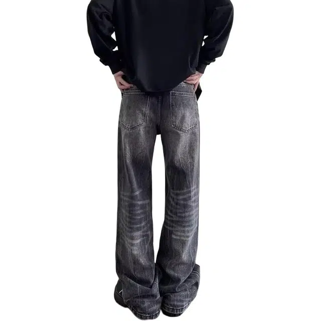 法文箱子 潮流慵懒风气质百搭欧路得闪电纹微喇高街牛仔裤 男款