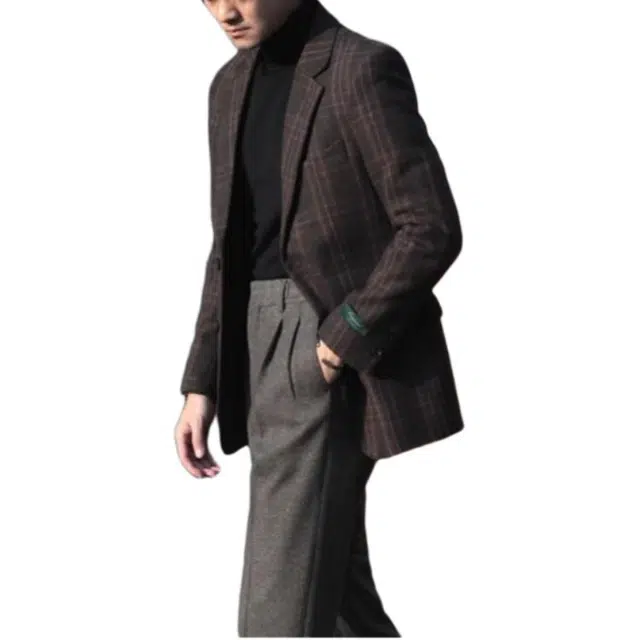 大格子与黑猫 意式复古格纹羊毛呢绅士修身西服英伦商务格子雅痞秋冬粗花呢西装 男款