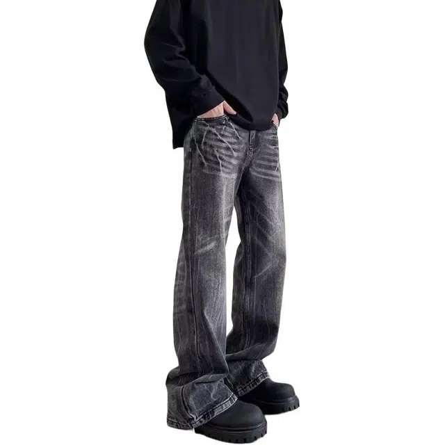 法文箱子 潮流慵懒风气质百搭欧路得闪电纹微喇高街牛仔裤 男款