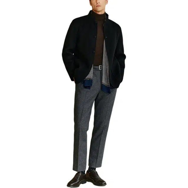 丹宁哲学 高端柔软羊毛纯色常规长袖无帽立领夹克 男款