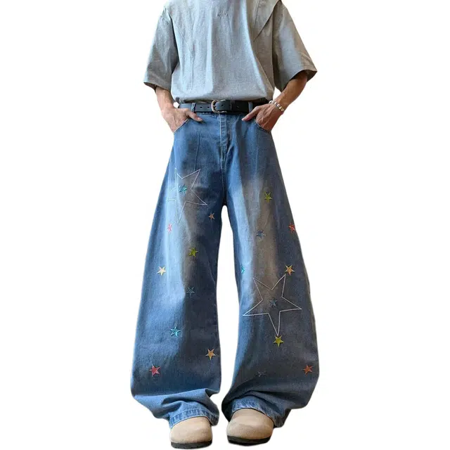 佐菲利 美式复古星星刺绣弯刀夏季宽松显瘦阔腿长裤子潮牛仔裤 男女同款